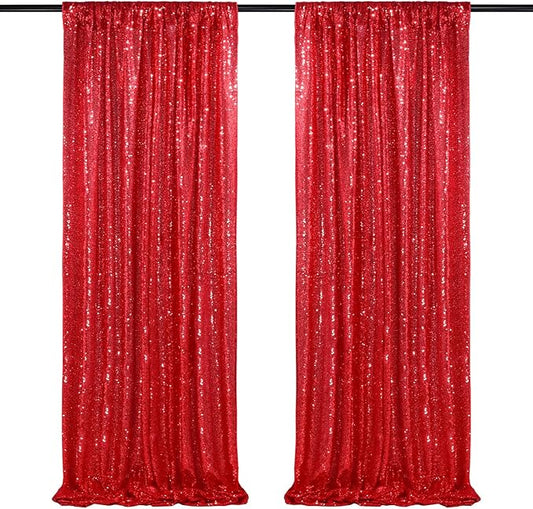 QueenDream Red Sequin Backdrop 2 Panels 2FTx8FT Christmas Party Backdrop Curtains Glitter Photo Background Wedding Stage Decorations