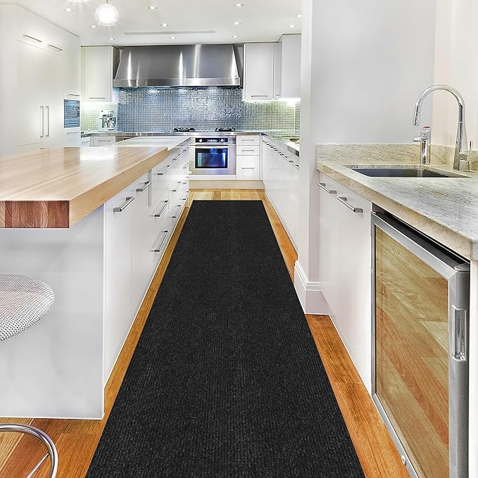 Ottomanson 2' x 14' Hallway Runner with Scraper Pile Extra Durable Non-Slip Rug Mat for Indoor & Outdoor Use - Ideal for Kitchen, Entryway, Patio & Garage - High-Traffic Carpet, Black