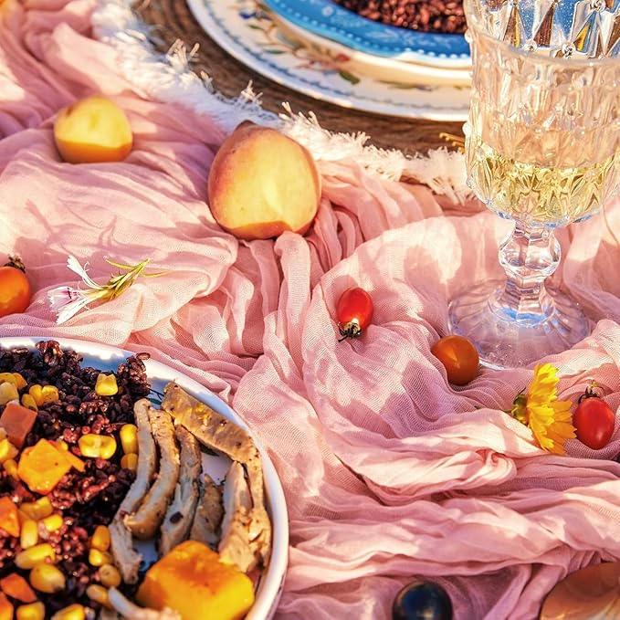 12Pcs Rubber Powder Cheesecloth Table Runner 120 Inch10FT Dust Powder Rustic Boho Cheesecloth Table Runnerfor Wedding Party Baby Shower Birthday Home Decor Holiday Decorations