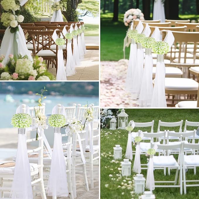 Olgaa Wedding Aisle Decorations for Ceremony Set of 24 Wedding Chair Pew Flowers Church Decorations with Artificial Baby’s Breath and Rhinestone for Weddings Party Bench Aisle (Baby’s Breath)