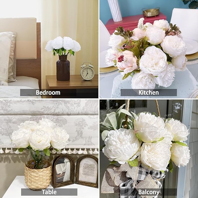 U'Artlines Artificial Peony Silk Flower with Stems 10pcs Real Look Vintage Peonies for Home Wedding Decoration(Pure White)