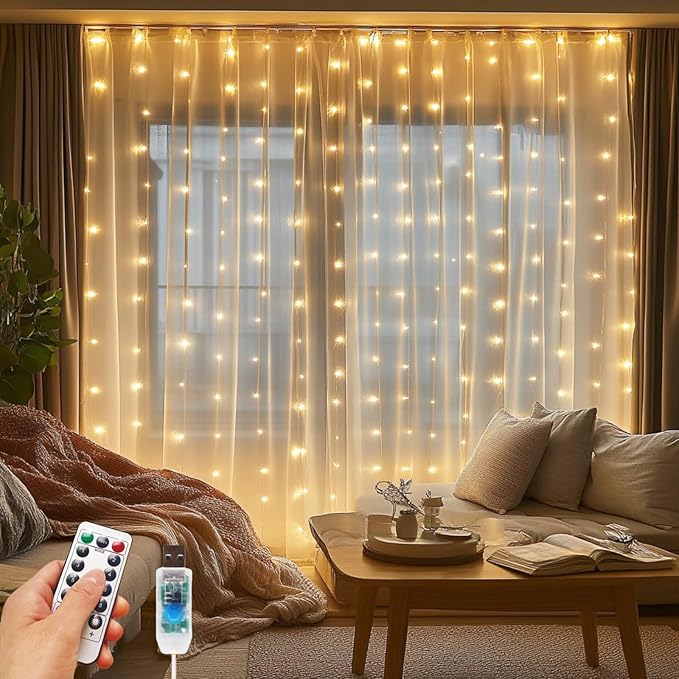 Fairy Curtain Lights, 200 LED Upgraded Tangle-Free Hanging Lights with Remote, USB Plug in String Lights for Bedroom Wall Window Wedding Party Xmas Home Décor - 9.8 x 6.6 Ft, Warm White
