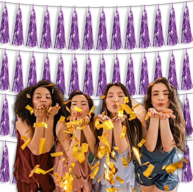 4P Light Purple Foil Fringe Tassel Banner Garland Metallic Tinsel Streamers Wall Hanging Curtain Backdrop Banner for Parade Floats, 2024 Graduation Decorations, Father's Day Party Decoration