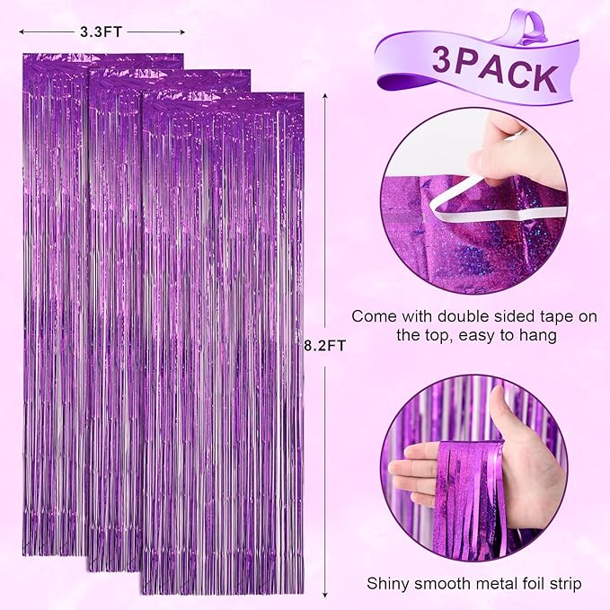 3 Pack 3.3 x 8.2 ft Laser Purple Foil Fringe Backdrop Curtains, Tinsel Streamers Birthday Party Decorations, Fringe Backdrop for Graduation, Baby Shower, Gender Reveal, Disco Party