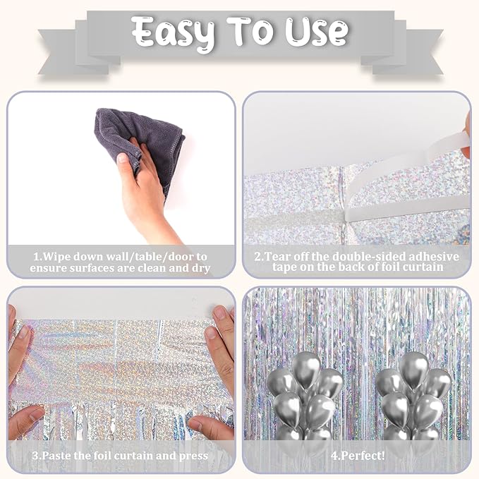 2 Pack Laser Silver Tinsel Foil Fringe Curtains, Silver Party Decorations, Metallic Tinsel Party Streamers Backdrop for New Years Birthday Halloween Wedding Party Decorations