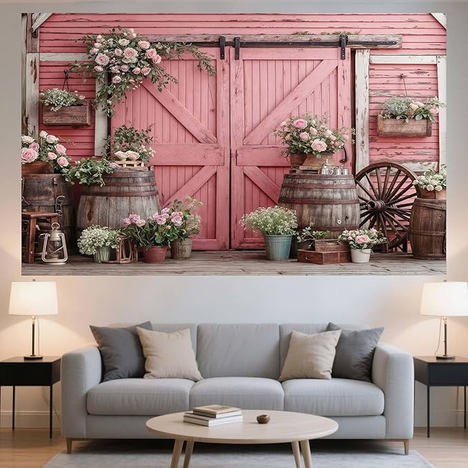 10x8ft Country Wedding Pink Photography Backdrop Rustic Wooden Door Photography Backdrop Farmhouse Flower Western Girl Birthday Baby Shower Wedding Bridal Party Banner Photo Booth Props Background