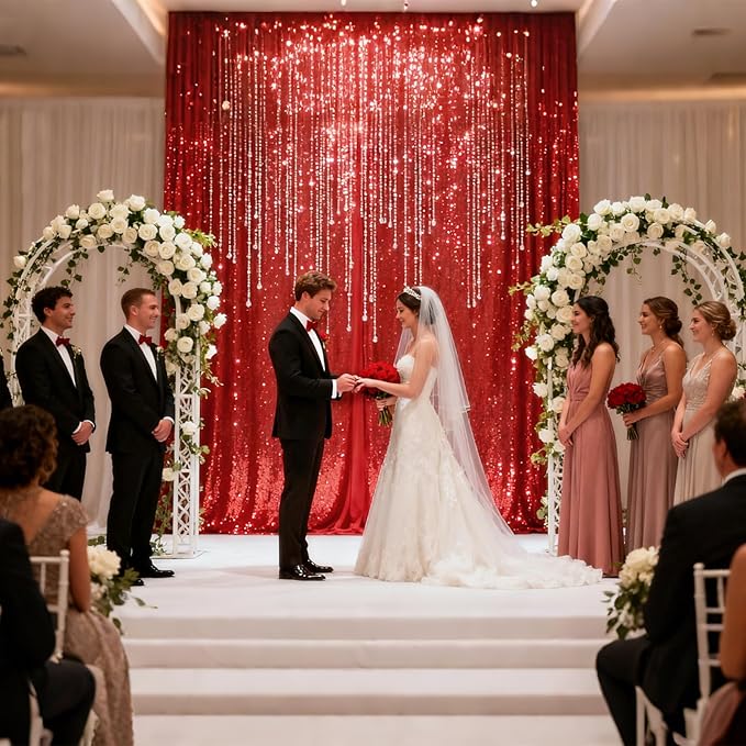 VOK Red Sequin Backdrop Curtains 2 Panels 2FTx8FT Glitter Photography Background for Wedding Birthday Christmas Party Decorations