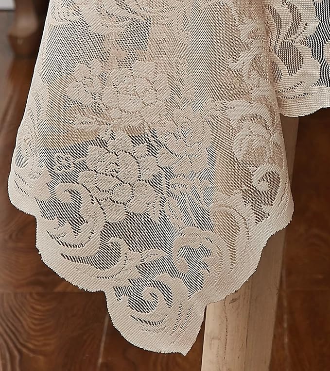 LinenZone Extra Large Linen Round Tablecloth for Rustic Vintage Decor. Sheer Lace Table Cloth Works Great As Wedding Tablecloth or Thanksgiving Table Cover. (Mia 132 Round, Linen)