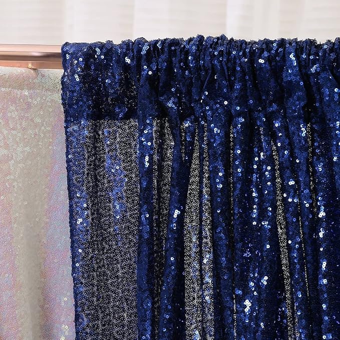 Poise3EHome 2ft x 8ft Blue Sequin Photography Backdrop Curtains 2 Panels for Party Decoration, Navy Blue