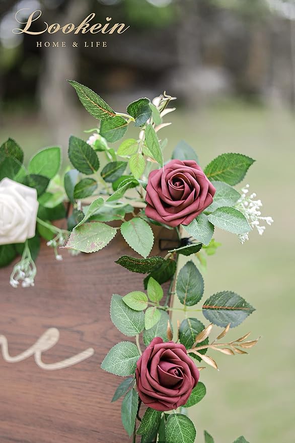 Lookein Artificial Rose Flower Garland Greenery Garland 5FT for Wedding Ceremony Backdrop Arch Flowers Table Centerpieces Decorations, Burgundy