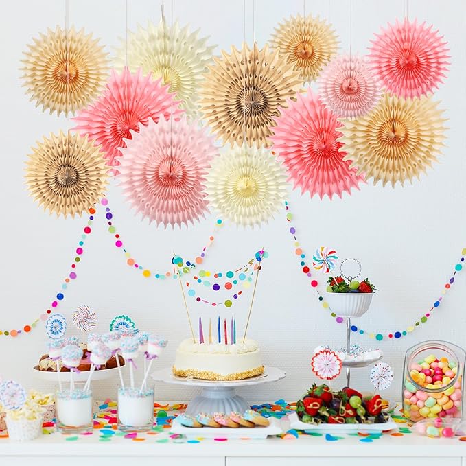 12PCS Paper Fans Champagne Gold Beige Boho Party Decorations Tissue Paper Flowers Decorations for Girl Groovy Birthday Baby Shower Wedding Bachelorette Room Wall Hanging Décor
