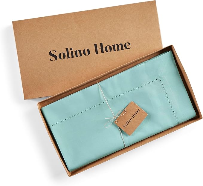 Solino Home Cotton Linen Table Runner 36 Inches - Pastel Turquoise Hemstitch Table Runner 14 x 36 Inch Ideal for Dresser and Coffee Tables