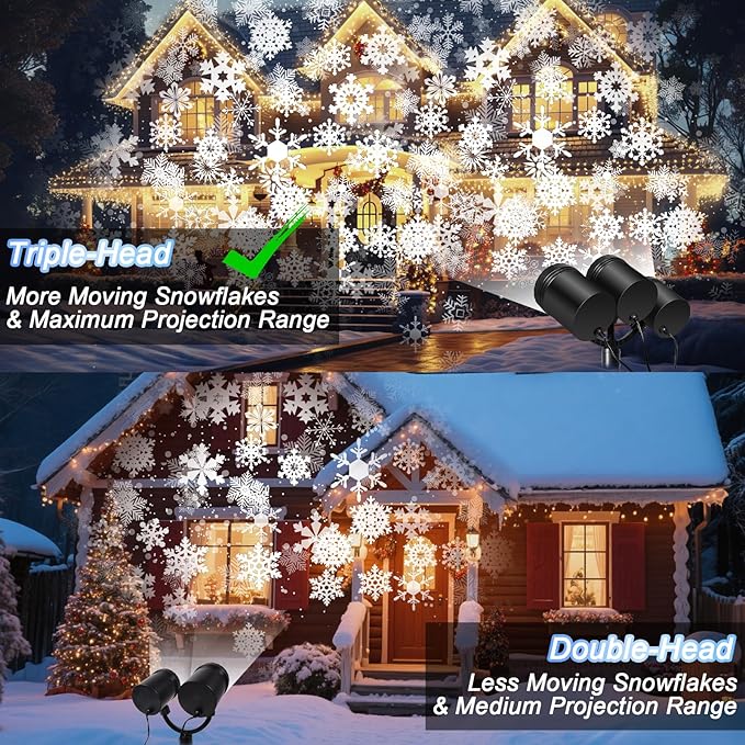 Christmas Snowflake Projector Lights Outdoor, Timing Mode Upgrade 3-Head Snowflake Projector, Waterproof Landscape Lighting Projection Lamp for Xmas Holiday Party Yard Garden Wedding