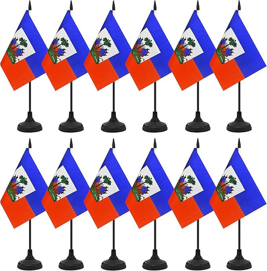 12 Pack Haiti Desk Flag Set, Haitian Table Office Flag, Small Miniature Desktop Flag With Black Pole and Black Base, Classroom, Offices Meeting Desk Decoration (Haiti)