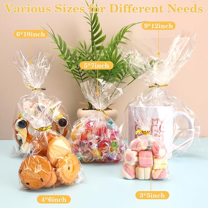 Cidenbio 100 PCS Cellophane Treat Bags, 5x7 In Clear Cellophane Gift Bags with Twist Ties Plastic Goodie Bag for Party Favor Cookie Candy Popcorn Bakery Chocolate Gift Wrapping