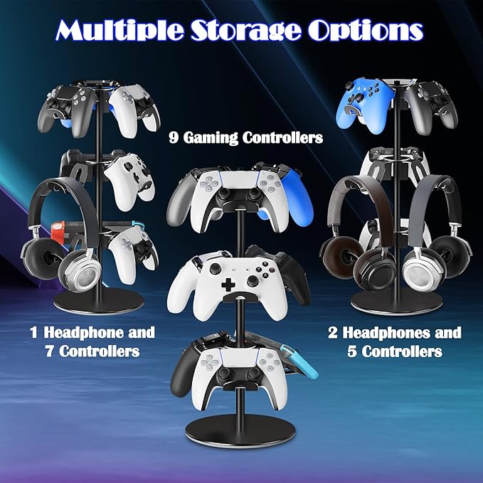 Controller Holder Stand 3 Tiers, Rotatable Gaming Headset Stand Compatible with Xbox PS5 PS4 Nintendo Switch Pro, Aluminum Headphone Organizer Rack, Desktop Gampads Holder, Black