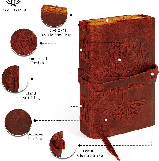 LUXEORIA Tree Of Life Leather Journal for Women and Men, Handcrafted Leather Journal for Writing Womens, Sketchbook, Travel Diary with Unlined Deckle Paper, Wine Red 5x7