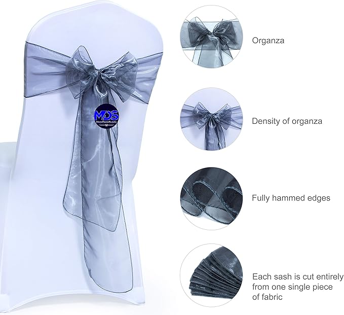 MDS Pack of 150 PCS Organza Chair Sashes Wider Dining Chair Bows Ribbon Tie Back for Wedding Party Birthday Bridal Shower Reception Event Banquet Home Chair Cover Decoration - Silver Gray