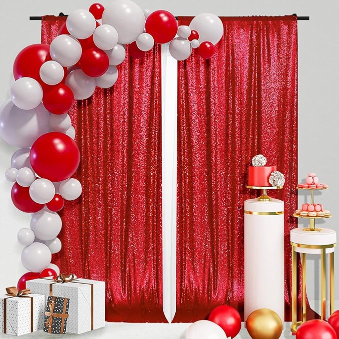 PartyDelight Sequin Backdrop Red 2 Panels 5Ft x 10FT Photography Curtains Party