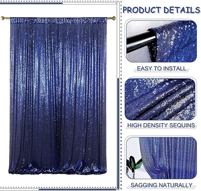 Navy Blue Sequin Backdrop Curtains Glitter Drapes 2FTx8FT 2 Panels for Wedding Birthday Party Decorations Bridal Baby Shower Party Supplies Sparkly Photography Background