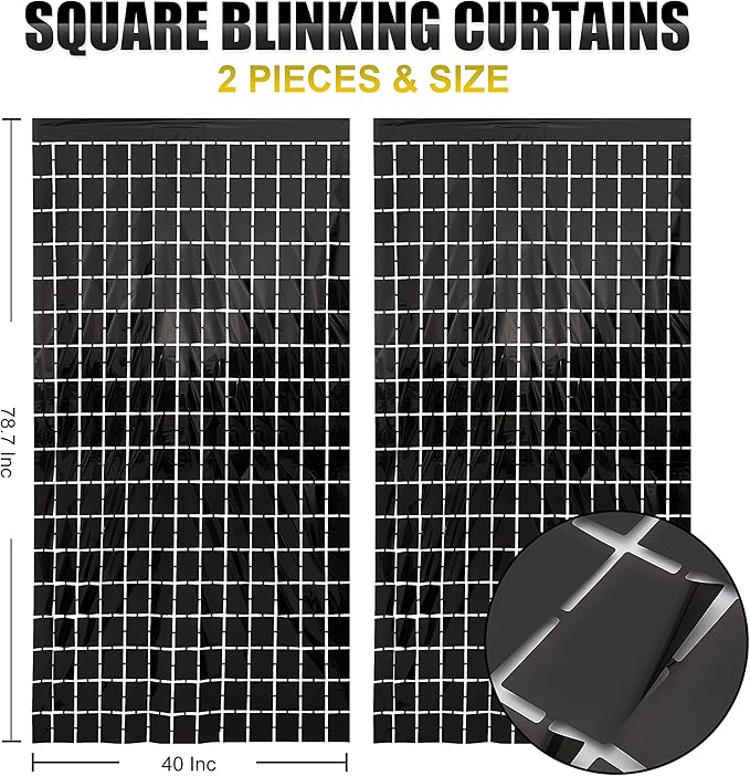 PADELO Black Shimmer Wall Backdrop, Square Backdrop Curtain,2Pcs 3.3x6.6 Feet Black Streamer Backdrop for Party Decorations