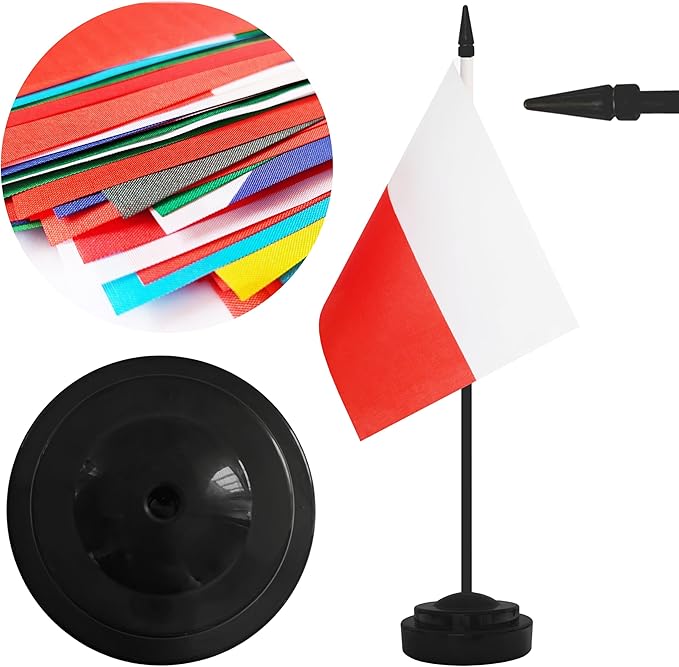 2 Pack Poland Desk Flag Set, Polish Desktop Small Miniature Table Office Flag with 12" Black Pole and Black Base, Offices, Classroom, Home, Festival Decoration (Poland)
