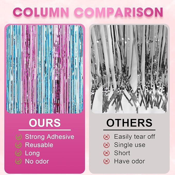 3 Pack 3.3x8.2 Feet Blue and Pink Foil Fringe Backdrop Curtains, Tinsel Streamers Birthday Party Decorations, Fringe Backdrop for Graduation, Baby Shower, Gender Reveal, Disco Party
