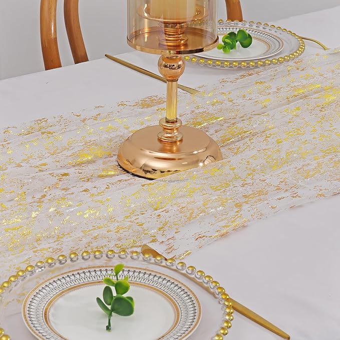 LOMOHOO 10 Ft Gold Table Runner, Golden Sheer Sequin Table Runners 120 Inches Long Glitter Metallic Foil Lace Fabric Table Decor for Birthday Party Wedding Anniversary Centerpiece (4pcs)