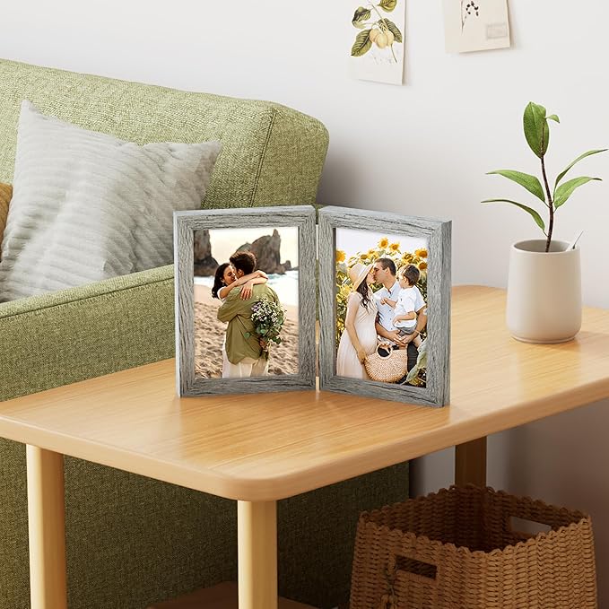decorUhome Double 5x7 Picture Frame Vertical, Engineered Wood Bifold Photo Frame with Plexiglass for Tabletop Display, 5x7, Grey