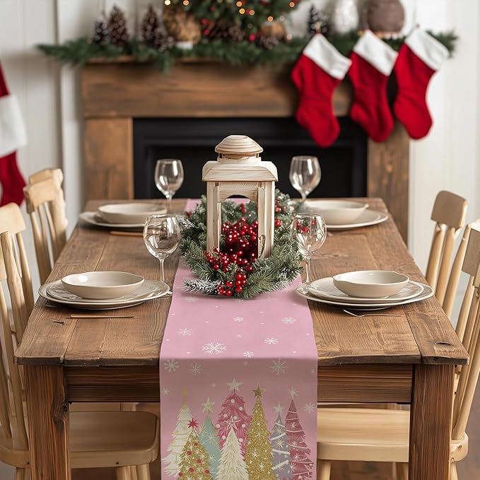 GEEORY Christmas Table Runner 13x120 Inch, Xmas Trees Snowflakes Holiday Decorative Farmhouse Table Decoration for Kitchen Dinning, Indoor Outdoor Dinner Party Decor (Pink) GT153-120