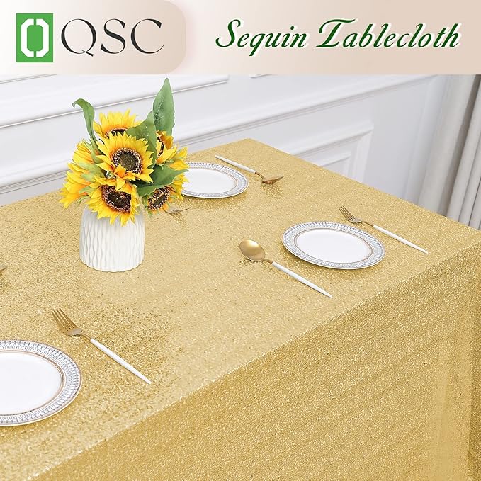 OQSQ Gold Sequin Tablecloth 50x80 inch, Glitter Drape Table Cloth, Sparkle Sequence Table Overlays for Thanksgiving Day Wedding Birthday Party Baby Bridal Shower
