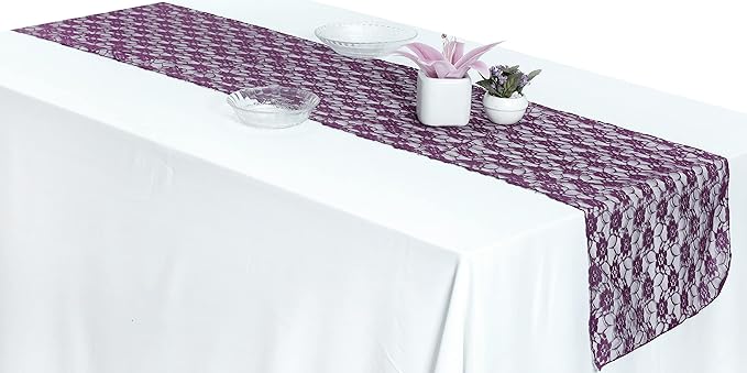 MDS Pack of 25Wedding 12 x 108 inches Lace Table Runner for Wedding, Decorations for Birthday Parties, Banquets, Graduations, Engagements, and Runners fit Rectangle, Round Table- Plum