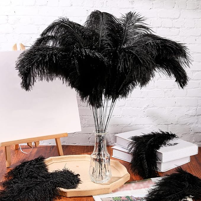 Hanaive 150 Pcs Ostrich Feathers Set Bulk Plumes 12-14 Inch (30-35cm) 70 Pcs Large Ostrich Feathers with 80 Sticks and Tape for DIY Crafts Wedding Home Party Centerpiece Decorations(Black)