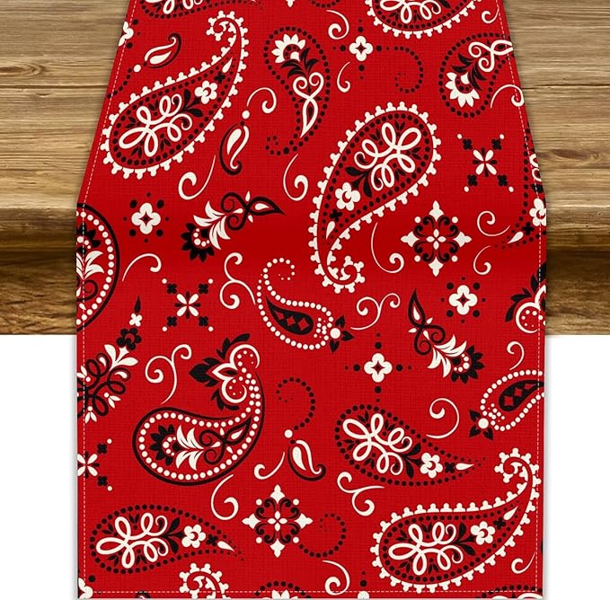 Paisley Table Runner, Boho Vintage Western Red Paisley Flower Print Table Runner for Kitchen Dining Table Wedding Holiday Party Decor, 13x108inch