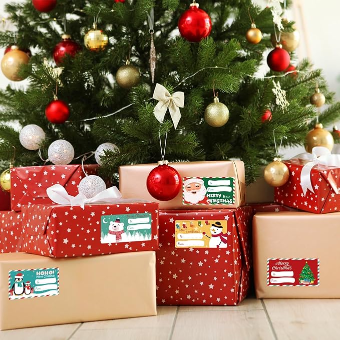 500 PCS Christmas Gift Tags, Self Adhesive Santa Claus Stickers, Festive Holiday Name Labels for Wrapping Paper Presents Decor, 6 Designs