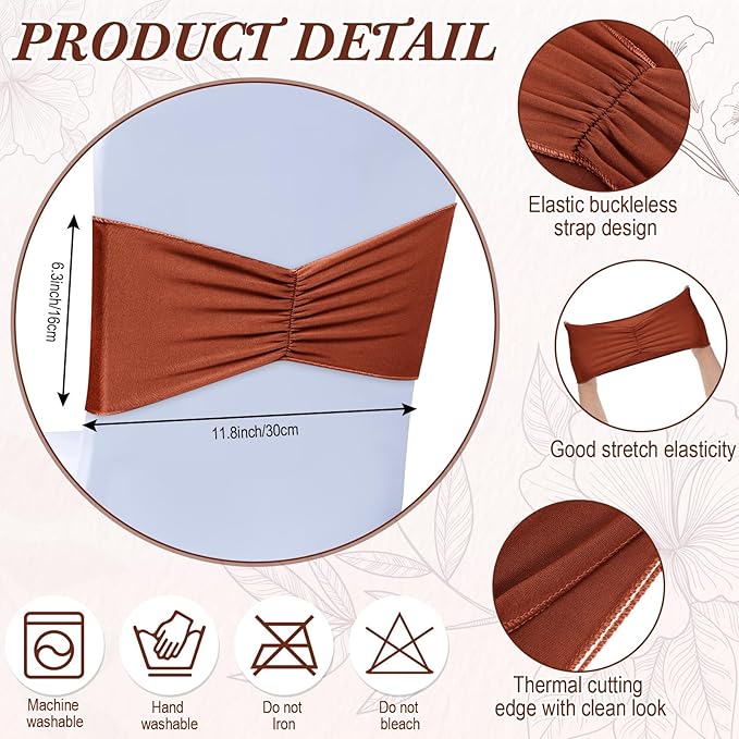 Moukeren 100 Pcs Spandex Chair Sashes Bows Bands Slider Sashes for Chair Covers Elastic Bands Ties Ribbon Decorations for Wedding Party Events Ceremony Birthday Banquet(Terracotta)