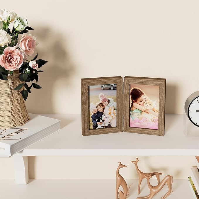 decorUhome Double 4x6 Picture Frame Vertical, Engineered Wood Bifold Photo Frame with Plexiglass for Tabletop Display, 4x6, Oak