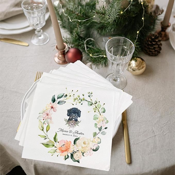 Luxury Personalized Dog Wedding Napkins, Personalized Cocktail Napkins For Bar, Customized Bridal Shower, Engagement Party