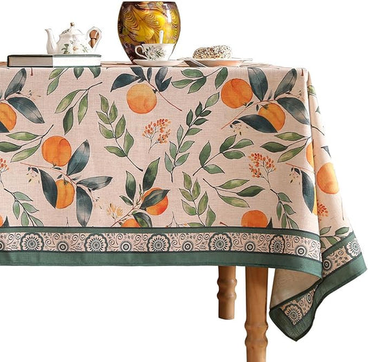 patdrea Designer Vintage Linen Long Rectangle Table Cloth,Framhouse Oranges and Leaves Pattern French Tablecloth,Fall Decor Cover for Kitchen Dining Christmas,Thanksgiving,63"x94"-Palladin a