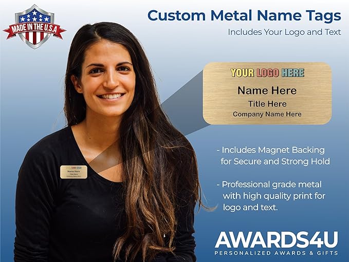 Custom Name Tag with Logo - Personalized Name Badge with Magnet Backing - Choose Your Size and Color (Gold Metal 3"x1.5" - Logo on Top)