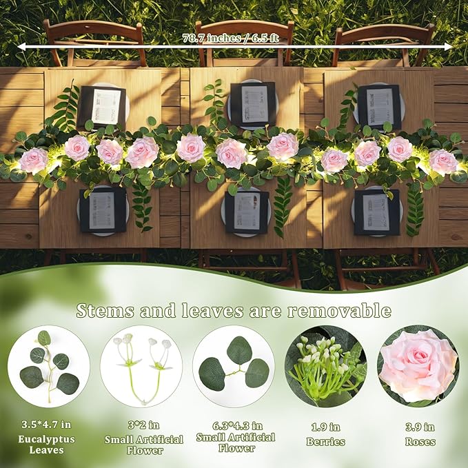 MACTING 6.6FT Flower Garland with Lights - Spring Gypsophila Eucalyptus Garland with 12 Pink Roses Artificial Floral Greenery Vine for Arch Table Centerpieces Backdrop Party Home Wedding Decorations