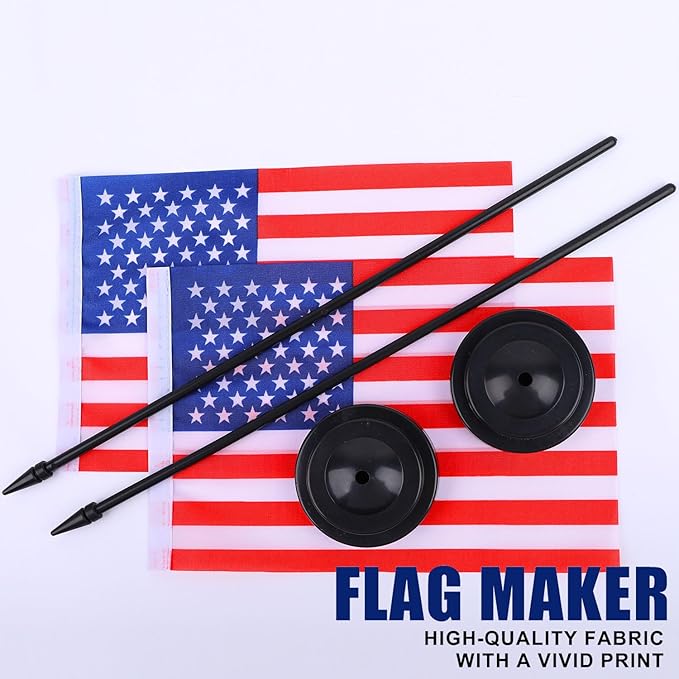 USA Desk Flag 12" Solid Pole Deluxe Set American Flags Banner Mini Small US Office Table Flags with Black Stand Base Desktop Decorations(2Pack)