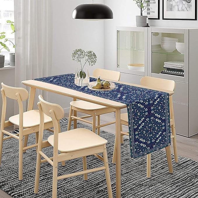 Boho Floral Vintage Table Runner, Retro Morris Abstract Blue Flower Rustic Country Farmhouse Pattern for Home Kitchen Table Decor Dining Coffee Room Wedding Party Decor 13x90in