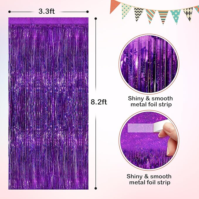 Purple Metallic Tinsel Foil Fringe Curtains, 2 Pack 3.3x8.3 Feet Party Streamer for Birthday Party Decorations, Halloween Decor, Foil Curtain Backdrop for Bachelorette Party