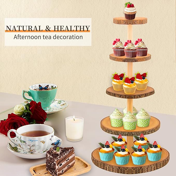 5-Tier Rustic Wooden Cupcake Stand - Large Capacity Display Stand for Woodland Baby Showers, Weddings, Birthdays, Parties, and Farmhouse Decor.