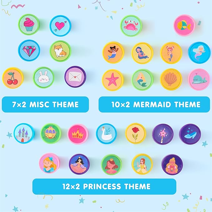 JOYIN 100PCS FairyTale's Stamps for Kids Self-Ink for Party Favor, Teacher Stamps, Kids Treasure Box, Prize for Classroom, Easter Egg Stuffers (50 Designs, Mermaid, Princess, Unicorn Stampers)