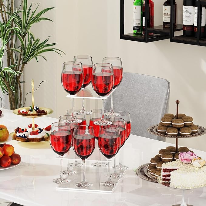 Champagne Tower, Rectangle Acrylic Champagne Display Rack Stand with 12 Slots, 2 Tiers Floating Sight Champagne Flute Holder for Party, Wedding, School, Celebration, 13.3x9.4x15.3 inch