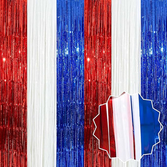 6 Pack White Blue Red Foil Fringe Curtains Backdrop, 3.28 x 8.2 Ft Metallic Streamers Tinsel Curtains Background for Photo Booth, Birthday, Weddings, Carnivals, Graduation, Themed Party Decorations