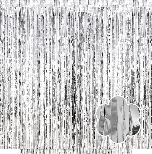 5 Pack Silver Foil Curtain Backdrop 3.2ft x 9.8ft Metallic Tinsel Foil Fringe Curtains Streamer Photo Booth Backdrop for Birthday Party Engagement Bachelorette Party Decorations (Silver)