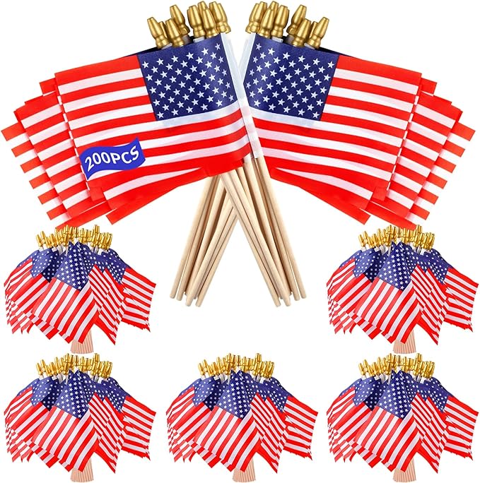 200pcs Small American Flags on Stick, Handheld 4 x 6 Inchs Mini American Flags with Kid-Safe Golden Spear Top, US Flags for 4th of July Decorations Outdoor, Independence Day Decorations